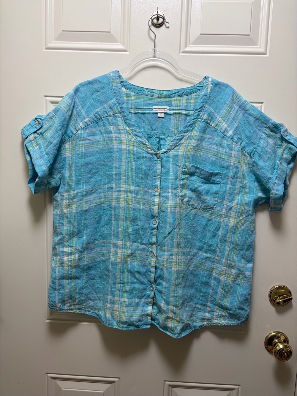 J Jill Love Linen 100% Linen Blue plaid Short sleeve button down Boxy Coastal XL